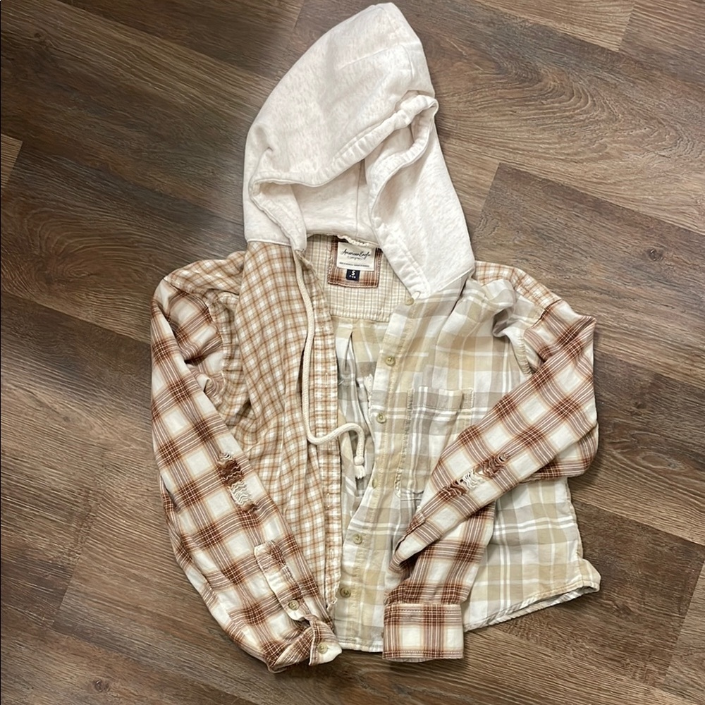 American Eagle Plaid Hooded Button-Up Shirt